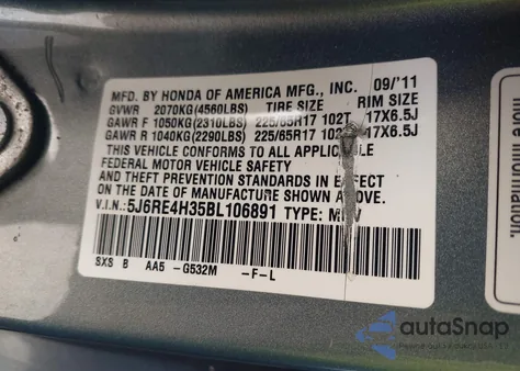 2011 Honda Cr-V Lx from USA, damaged, VIN 5J6RE4H35BL106891